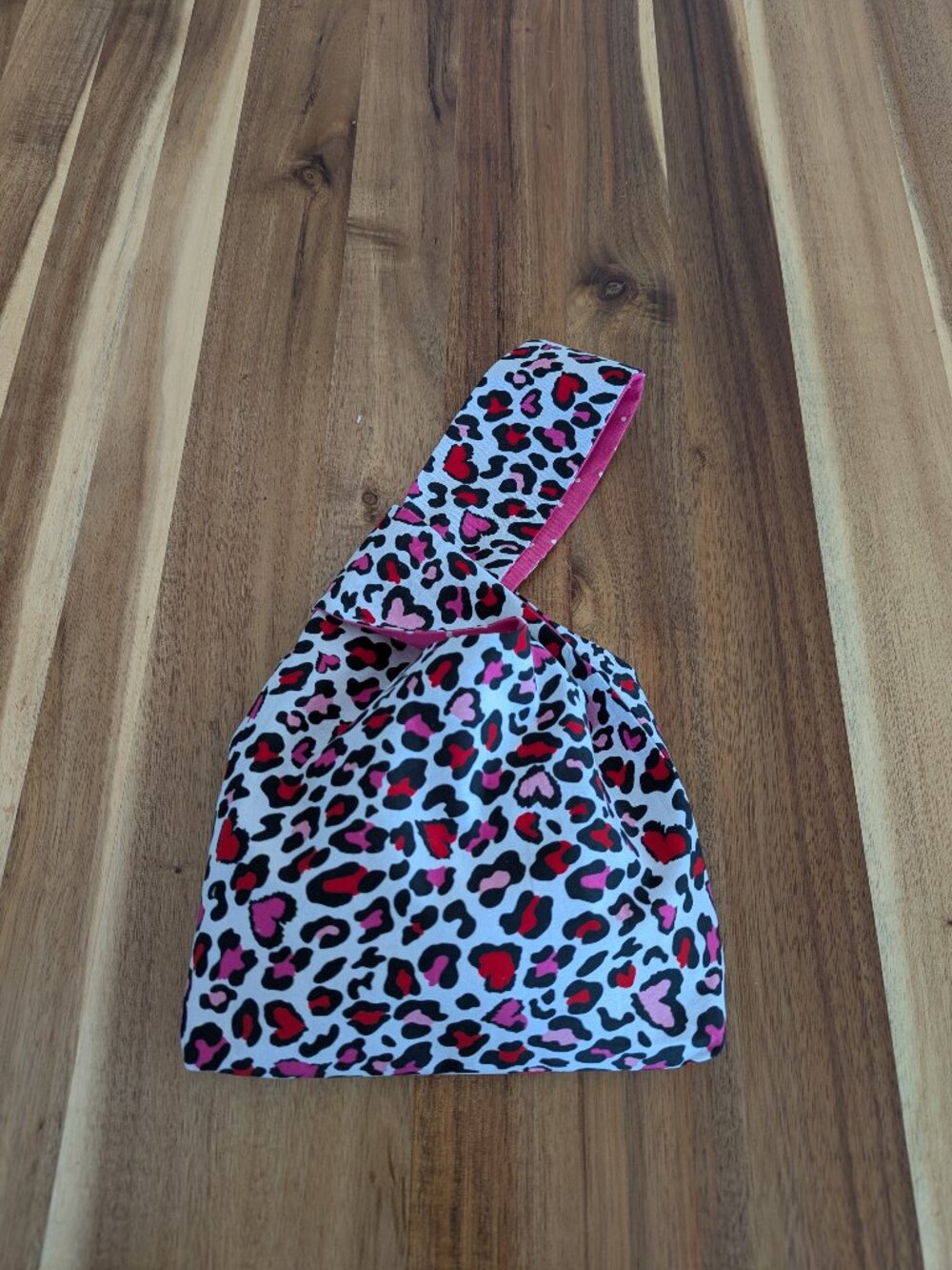 Japanese Knot Bag Reversible Pink Hearts Polka Dot Handmade Custom 12 x 8 inches